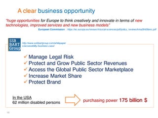 10
A clear business opportunity
“huge opportunities for Europe to think creatively and innovate in terms of new
technologies, improved services and new business models”
European Commission : https://ec.europa.eu/research/social-sciences/pdf/policy_reviews/kina26426enc.pdf
ü Manage Legal Risk
ü Protect and Grow Public Sector Revenues
ü Access the Global Public Sector Marketplace
ü Increase Market Share
ü Protect Brand
In the USA
62 million disabled persons purchasing power 175 billion $
http://www.ssbbartgroup.com/whitepaper
s/accessibility-business-case/
 