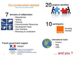 13
Co-construction started
participants
• France
• Italy
• USA
… and you ?
Direction interministérielle du
numérique etdu système
d'information et de communication
de l'État
DINSIC
French government support
founding
member
International reach
projects identified
domains of collaboration
§ Repositories
§ Testing
§ Training
§ Communication Resources
§ Development Tools
§ User Interface
§ Browsing & Localization
https://www.ow2.org/bin/view/OSAi/
 