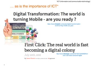 8
… as is the importance of ICT*
http://www.theverge.com/2016/7/20/12234858/first-
click-real-wold-colonized-digital
https://www.linkedin.com/pulse/digital-transformation-
world-turning-mobile-you-gina
*ICT (information and communication technology)
 