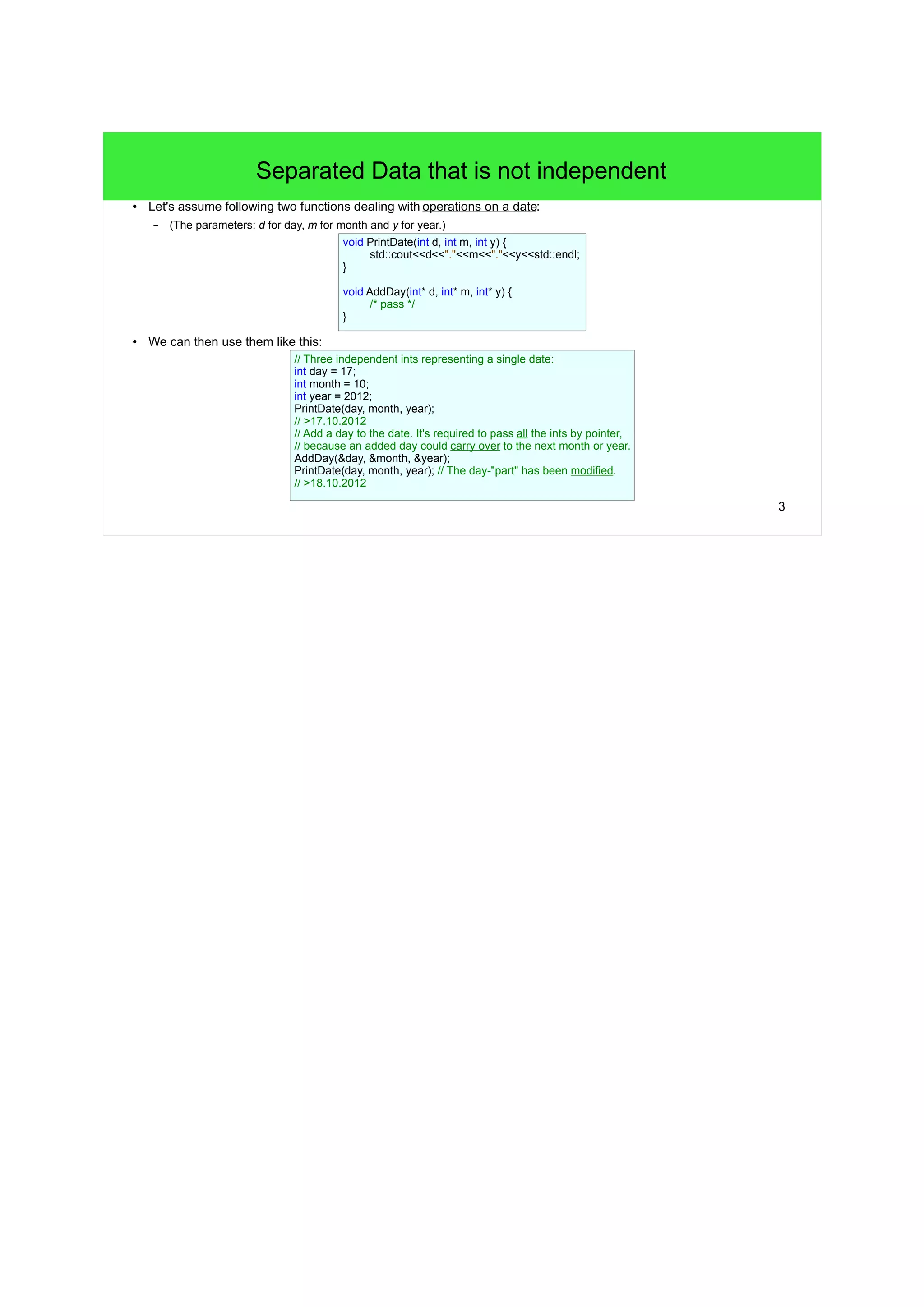 2 
TOC 
● (1) C++ Abstractions 
– Structs as User Defined Datatypes (UDTs) 
– Basic Features of Structs 
– Application Programming Interfaces (APIs) 
– Memory Representation of Plain old Datatypes (PODs) 
● Alignment 
● Layout 
● Arrays of Structs 
● Sources: 
– Bruce Eckel, Thinking in C++ Vol I 
– Bjarne Stroustrup, The C++ Programming Language 
 