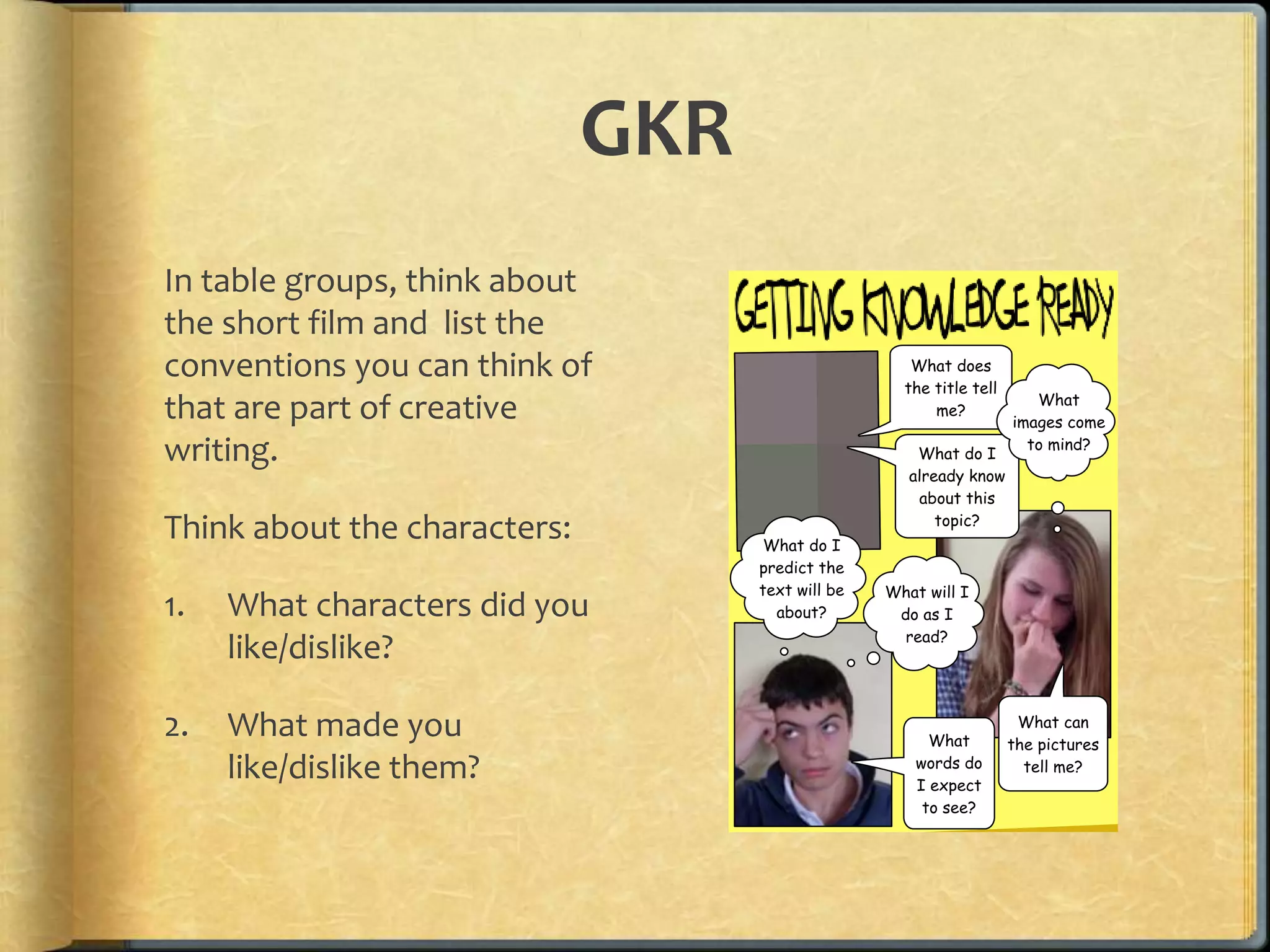 GKR 
In table groups, think about 
the short film and list the 
conventions you can think of 
that are part of creative 
writing. 
Think about the characters: 
1. What characters did you 
like/dislike? 
2. What made you 
like/dislike them? 
What does 
the title tell 
me? 
What do I 
predict the 
text will be 
about? 
What can 
the pictures 
tell me? 
What do I 
already know 
about this 
topic? 
What 
words do 
I expect 
to see? 
What 
images come 
to mind? 
What will I 
do as I 
read? 
 