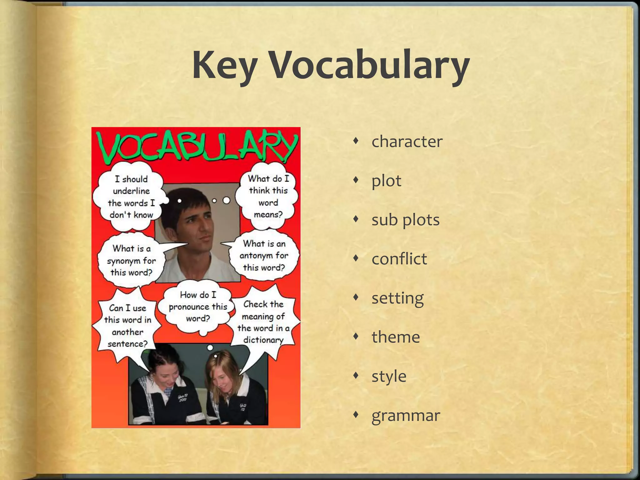 Key Vocabulary 
 character 
 plot 
 sub plots 
 conflict 
 setting 
 theme 
 style 
 grammar 
 