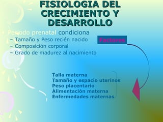 FISIOLOGIA DELFISIOLOGIA DEL
CRECIMIENTO YCRECIMIENTO Y
DESARROLLODESARROLLO
• Periodo prenatal condiciona
– Tamaño y Peso recién nacido
– Composición corporal
– Grado de madurez al nacimiento
Factores
Talla materna
Tamaño y espacio uterinos
Peso placentario
Alimentación materna
Enfermedades maternas
 