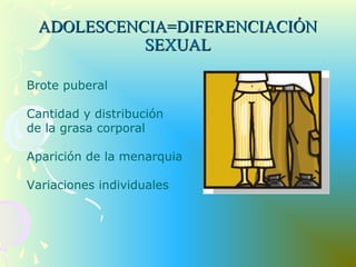 ADOLESCENCIA=DIFERENCIACIÓNADOLESCENCIA=DIFERENCIACIÓN
SEXUALSEXUAL
Brote puberal
Cantidad y distribución
de la grasa corporal
Aparición de la menarquia
Variaciones individuales
 
