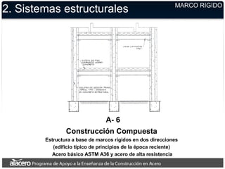 2. Sistemas estructurales MARCO RIGIDO
A- 6
Construcción Compuesta
Estructura a base de marcos rígidos en dos direcciones
(edificio típico de principios de la época reciente)
Acero básico ASTM A36 y acero de alta resistencia
 