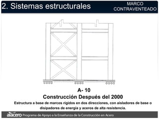 2. Sistemas estructurales MARCO
CONTRAVENTEADO
A- 10
Construcción Después del 2000
Estructura a base de marcos rígidos en dos direcciones, con aisladores de base o
disipadores de energía y aceros de alta resistencia.
 