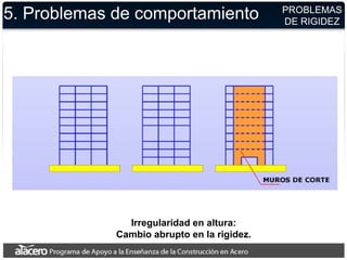 5. Problemas de comportamiento PROBLEMAS
DE RIGIDEZ
Irregularidad en altura:
Cambio abrupto en la rigidez.
 