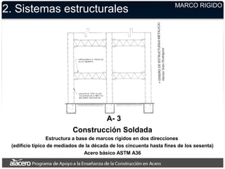 2. Sistemas estructurales MARCO RIGIDO
A- 3
Construcción Soldada
Estructura a base de marcos rígidos en dos direcciones
(edificio típico de mediados de la década de los cincuenta hasta fines de los sesenta)
Acero básico ASTM A36
 
