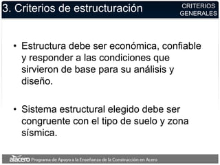 3. Criterios de estructuración
• Estructura debe ser económica, confiable
y responder a las condiciones que
sirvieron de base para su análisis y
diseño.
• Sistema estructural elegido debe ser
congruente con el tipo de suelo y zona
sísmica.
CRITERIOS
GENERALES
 