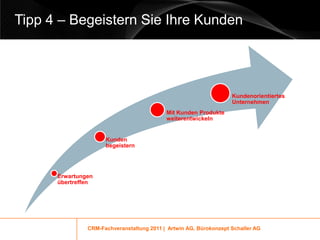 Tipp 4 – Begeistern Sie Ihre Kunden




                                                                   Kundenorientiertes
                                                                   Unternehmen
                                           Mit Kunden Produkte
                                           weiterentwickeln


                     Kunden
                     begeistern




      Erwartungen
      übertreffen




               CRM-Fachveranstaltung 2011 | Artwin AG, Bürokonzept Schaller AG
 