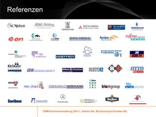 Referenzen

                       Isabellenhütte




         CRM-Fachveranstaltung 2011 | Artwin AG, Bürokonzept Schaller AG
 