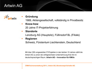 Artwin AG

           Gründung
            1989, Aktiengesellschaft, vollständig in Privatbesitz
           Know-how
            20 Jahre IT-Projekterfahrung
           Standorte
            Lenzburg AG (Hauptsitz), Füllinsdorf BL (Filiale)
           Regionen
            Schweiz, Fürstentum Liechtenstein, Deutschland


            Mit über 350 umgesetzten IT-Projekten in den letzten 10 Jahren zählt die
            Artwin AG zu einer der erfolgreichsten Unternehmung ihrer Art im
            deutschsprachigen Raum. Artwin AG – Innovation für KMUs



            CRM-Fachveranstaltung 2011 | Artwin AG, Bürokonzept Schaller AG
 