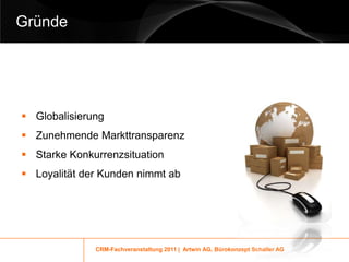 Gründe




 Globalisierung
 Zunehmende Markttransparenz
 Starke Konkurrenzsituation
 Loyalität der Kunden nimmt ab




              CRM-Fachveranstaltung 2011 | Artwin AG, Bürokonzept Schaller AG
 