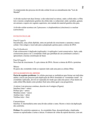 2
A compreensão dos processo de divisão celular levam ao entendimento das "Leis de
Mendel"
A divisão nuclear tem duas formas: a não reducional ou mitose, onde a célula mãe e a filha
tem o mesmo complemento genético da célula mãe e a reducional, onde o produto, gameta
em animais e esporo em vegetais superiores, tem metade do material genético dos pais.
A divisão celular acontece em 2 processos: o citoplasmáticos (citocinese) e o nuclear
(cariocinese).
O CILCO CELULAR
Fase G1 (gap1):
Inicialmente, uma célula diplóide, entra em período de crescimento e aumenta a massa
celular. Este estágio e reservado para a preparação química para a síntese do DNA
Fase S (Synthesis):
Cada cromossomo é duplicado (replicação). A replicação é semi-conservativa. Após, cada
cromossomo passa a ter 2 cromátides irmãs que partilham de um centrômero comum e
apresentam a mesma constituição de bases
Fase G2 (gap2):
Nova fase de crescimento. É a pós síntese de DNA. Ocorre a síntese de RNA e proteínas
Mitose:
Os pares das cromátides irmãs se separam indo cada uma para as células-filhas
DETALHAMENTO DA MITOSE
Parta do seguinte problema: As células precisam se multiplicar para formar um indivíduo
adulto e inicia este processo pela duplicação do DNA formando as "cromátides irmãs". As
cromátides replicadas, devem ser separadas de modo que cada uma passe a ficar dentro de
cada célula filha dando como produto final uma célula igual a sua progenitora.
A mitose é um processo contínuo, descrito em 4 estágios (Figura):
Interfase (inter = entre)
Prófase (pro = antes)
Metáfase (meta = meio)
Anáfase (ana = atrás)
Telófase (telo = fim)
Características
Interfase: É intermediária entre uma divisão celular e outra. Ocorre o início da duplicação
dos centríolos
Prófase: Os centríolos separam-se. As cromátides finas, desespiralizadas e duplicadas
tornam-se espiralizadas e curtas e únicas. O número de voltas da espiral decresce, com um
 