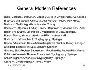 JLM 20060107 22:16 116
General Modern References
Blake, Seroussi, and Smart, Elliptic Curves in Cryptography, Cambridge
Bressoud and Wagon, Computational Number Theory. Key Press.
Bach and Shallit, Algorithmic Number Theory.
Berlekamp, Algebraic Coding Theory. Reprinted by Aegean Park Press.
Biham and Shamir, Differential Cryptanalysis of DES. Springer.
Boneh, Twenty Years of attacks on RSA. Notices AMS.
Buchmann, Introduction to Cryptography. Springer.
Cohen, A Course in Computational Algebraic Number Theory. Springer.
Damgard, Lectures on Data Security. Springer.
Golumb, Shift Register Sequences. Reprinted by Aegean Park Press.
Koblitz, A Course in Number Theory and Cryptography. Springer.
Koblitz, Algebraic Aspects of Cryptography. Springer.
Konheim, Cryptography: A Primer. Wiley.
 
