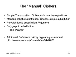 JLM 20060107 22:16 19
The “Manual” Ciphers
• Simple Transposition: Grilles, columnar transpositions.
• Monoalphabetic Substitution: Caesar, simple substitution
• Polyalphabetic substitution: Vigeniere
• Polygraphic substitution
– Hill, Playfair
• Additional Reference : Army cryptanalysis manual,
http://www.umich.edu/~umich/fm-34-40-2/
 