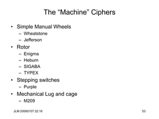 JLM 20060107 22:16 53
The “Machine” Ciphers
• Simple Manual Wheels
– Wheatstone
– Jefferson
• Rotor
– Enigma
– Heburn
– SIGABA
– TYPEX
• Stepping switches
– Purple
• Mechanical Lug and cage
– M209
 
