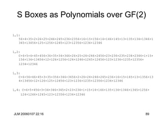 JLM 20060107 22:16 89
S Boxes as Polynomials over GF(2)
1,1:
56+4+35+2+26+25+246+245+236+2356+16+15+156+14+146+145+13+135+134+1346+1
345+13456+125+1256+1245+123+12356+1234+12346
1,2:
C+6+5+4+45+456+36+35+34+346+26+25+24+246+2456+23+236+235+234+2346+1+15+
156+134+13456+12+126+1256+124+1246+1245+12456+123+1236+1235+12356+
1234+12346
1,3:
C+6+56+46+45+3+35+356+346+3456+2+26+24+246+245+236+16+15+145+13+1356+13
4+13456+12+126+125+12456+123+1236+1235+12356+1234+12346
1,4: C+6+5+456+3+34+346+345+2+23+234+1+15+14+146+135+134+1346+1345+1256+
124+1246+1245+123+12356+1234+12346
 