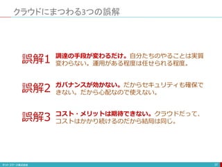 クラウドにまつわる3つの誤解
37
ガバナンスが効かない。だからセキュリティも確保で
きない。だから心配なので使えない。
調達の手段が変わるだけ。自分たちのやることは実質
変わらない。運用がある程度は任せられる程度。
コスト・メリットは期待できない。クラウドだって、
コストはかかり続けるのだから結局は同じ。
誤解1
誤解2
誤解3
 