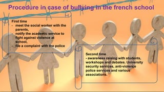 Procedure in case of bullying in the french school
First time
- meet the social worker with the
parents,
- notify the academic service to
fight against violence at
school,
- file a complaint with the police
Second time
- awareness raising with students,
workshops and debates. University
security services, anti-violence
police services and various
associations.
 