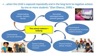 « …when the child is exposed repeatedly and in the long term to negative actions
by one or more students "(Dan Olweus, 1999) »
Verbal bullying
(insults, mockery,
taunts)
Nonverbal
bullying(grimaces,
obscene gestures
Physical bullying
(blows, threats).
Psychological
bullying(spread of rumors,
isolation process)
This school violence =
bullying
Sexuel bullying
(touching without
consent)
Cyberbullying
(on social networks)
 