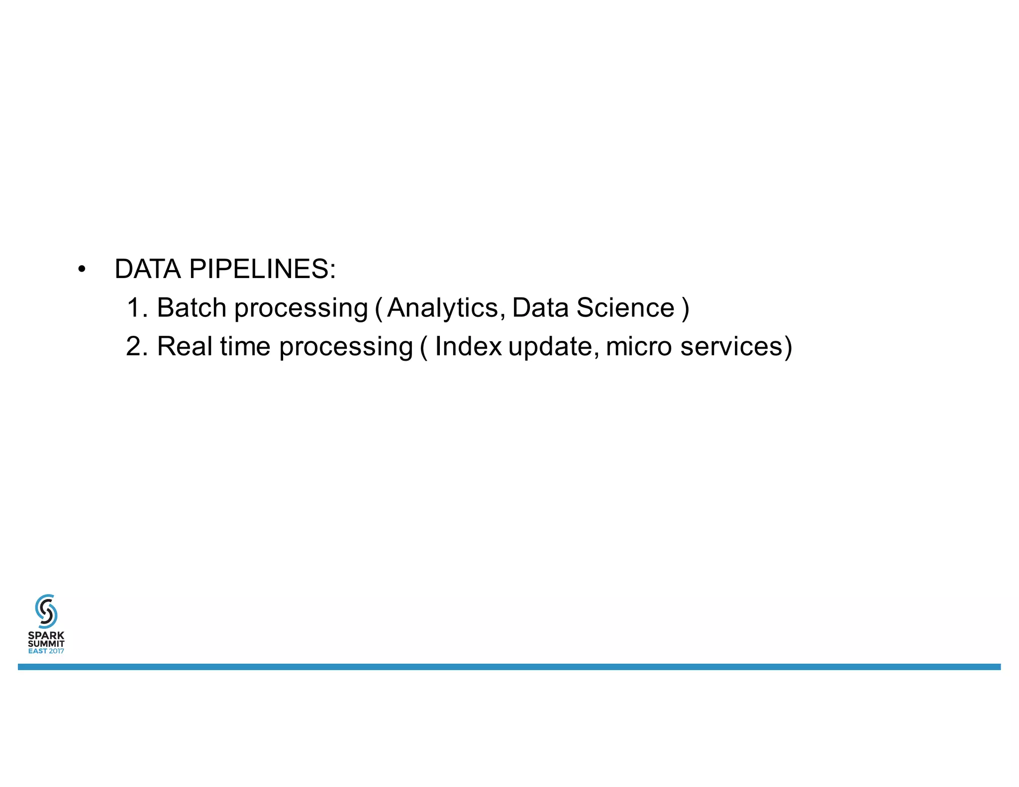 • DATA PIPELINES:
1. Batch processing (Analytics, Data Science )
2. Real time processing ( Index update, micro services)
 