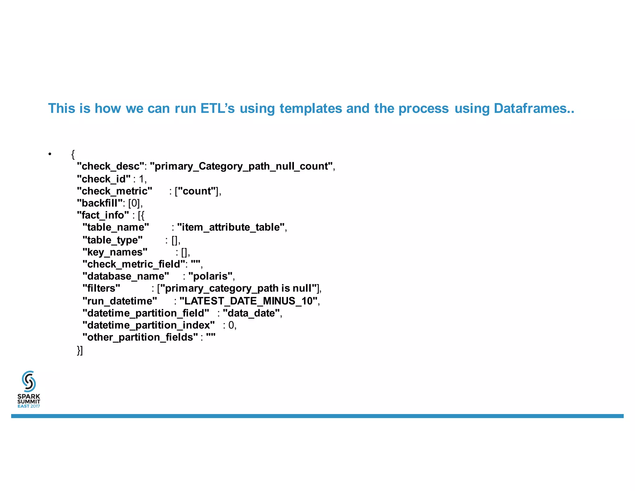 This is how we can run ETL’s using templates and the process using Dataframes..
• {
"check_desc": "primary_Category_path_null_count",
"check_id" : 1,
"check_metric" : ["count"],
"backfill": [0],
"fact_info" : [{
"table_name" : "item_attribute_table",
"table_type" : [],
"key_names" : [],
"check_metric_field": "",
"database_name" : "polaris",
"filters" : ["primary_category_path is null"],
"run_datetime" : "LATEST_DATE_MINUS_10",
"datetime_partition_field" : "data_date",
"datetime_partition_index" : 0,
"other_partition_fields" : ""
}]
 