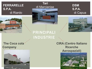 PRINCIPALI
INDUSTRIE
FERRARELLE
S.P.A.
di Riardo
DSM
S.P.A.
di Capua
CIRA (Centro Italiano
Ricerche
Aerospaziali)
di Capua
The Coca cola
Company
di Marcianise
Tarì
di Marcianise
 