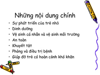 Những nội dung chính
•
•
•
•
•
•
•

Sự phát triển của trẻ nhỏ
Dinh dưỡng
Vệ sinh cá nhân và vệ sinh môi trường
An toàn
Khuyết tật
Phòng và điều trị bệnh
Giúp đỡ trẻ có hoàn cảnh khó khăn

 