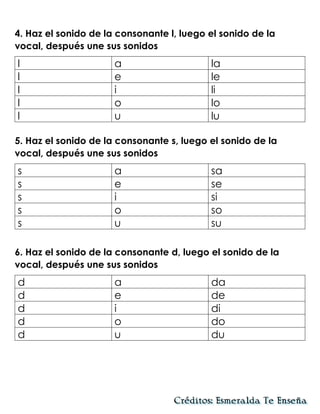 4. Haz el sonido de la consonante l, luego el sonido de la
vocal, después une sus sonidos
l a la
l e le
l i li
l o lo
l u lu
5. Haz el sonido de la consonante s, luego el sonido de la
vocal, después une sus sonidos
s a sa
s e se
s i si
s o so
s u su
6. Haz el sonido de la consonante d, luego el sonido de la
vocal, después une sus sonidos
d a da
d e de
d i di
d o do
d u du
 