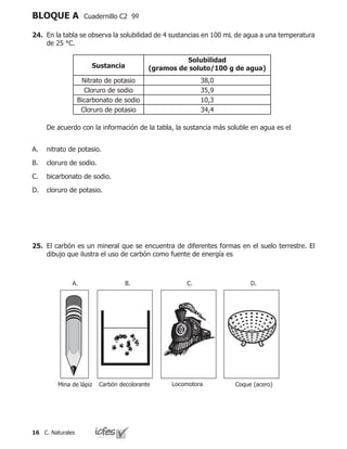 16 C. Naturales
BLOQUE A Cuadernillo C2 9º
24.	 En la tabla se observa la solubilidad de 4 sustancias en 100 mL de agua a una temperatura
de 25 °C.
	 De acuerdo con la información de la tabla, la sustancia más soluble en agua es el
nitrato de potasio.
cloruro de sodio.
bicarbonato de sodio.
cloruro de potasio.
A.
B.
C.
D.
Sustancia
Solubilidad
(gramos de soluto/100 g de agua)
Nitrato de potasio 38,0
Cloruro de sodio 35,9
Bicarbonato de sodio 10,3
Cloruro de potasio 34,4
25.	 El carbón es un mineral que se encuentra de diferentes formas en el suelo terrestre. El
dibujo que ilustra el uso de carbón como fuente de energía es
Carbón decolorante Coque (acero)Mina de lápiz Locomotora
C.B.A. D.
 