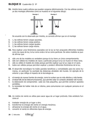 28 C. Naturales
BLOQUE D Cuadernillo C2 9º
51.	 Andrés tiene cuatro esferas que pueden cargarse eléctricamente. Con las esferas constru-
ye dos montajes diferentes como se muestra en el siguiente dibujo:
	 De acuerdo con lo observado por Andrés, es correcto afirmar que en el montaje
1, las esferas tienen cargas opuestas.
2, las esferas tienen carga positiva.
1, las esferas tienen cargas iguales.
2, las esferas tienen carga neutra.
A.
B.
C.
D.
Montaje 1 Montaje 2
53.	 El desarrollo tecnológico ha traído grandes beneficios y comodidades para los seres hu-
manos, en particular ha acortado las distancias alrededor del mundo. Un ejemplo de lo
anterior y que refleja el impacto de la tecnología es
el manejo de nuevas fuentes de energía, como la nuclear que es más efectiva y más barata.
el desarrollo de las telecomunicaciones, que permite estar en contacto alrededor del mundo.
la elaboración de componentes cada vez más pequeños, que permite construir aparatos
portátiles.
la necesidad de hablar más de un idioma, para comunicarse con cualquier persona en el
mundo.
A.
B.
C.
D.
52.	 Para explicar unos fenómenos asociados con la luz se han propuesto diferentes modelos
como los rayos de luz, la luz como onda o la luz como partícula. De estos modelos se pue-
de afirmar que
sólo uno de los modelos es verdadero porque la luz tiene un único comportamiento.
sólo son válidos los modelos de rayos y partículas porque la luz se mueve en línea recta.
sólo es válido el modelo de ondas porque permite explicar que la luz viaja en el vacío.
todos son válidos porque permiten explicar y predecir diferentes fenómenos de la luz.
A.
B.
C.
D.
54.	 Un molino de viento se utiliza para sacar agua de un lugar profundo. Este artefacto fun-
ciona al
trasladar energía de un lugar a otro.
transformar la energía del viento en energía mecánica.
almacenar la energía del viento en el agua.
convertir el viento en diferentes tipos de energía.
A.
B.
C.
D.
 