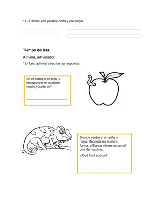 11.- Escribe una palabra corta y una larga.
Tiempo de leer.
Adivina, adivinador
12.- Lee, adivina y escribe su respuesta.
No es cama ni es león, y
desaparece en cualquier
rincón ¿Quién es?
_____________________________
Somos verdes y amarilla o
rojas. Redonda es nuestra
forma, y Blanca nieves se comió
una de nosotras.
¿Qué fruta somos?
_________________________________
 