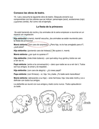 Conozco las obras de teatro.
14.- Lee y escucha la siguiente obra de teatro. Después encierra sus
componentes con los colores que se indican: personajes (azul), acotaciones (rojo)
y guiones (verde). Así como ves el ejemplo.
La fiesta de la primavera
Se está haciendo de noche y los animales de la selva empiezan a reunirse en un
espacio sin vegetación.
Hija elefantita:-¡mamá, mamá! escucha, ¡los animales se están reuniendo para
la fiesta de primavera!
Mamá elefanta: (con cara de sorpresa) - ¿Pero hija, no te has arreglado para ir?,
¿qué pasa?
Hija elefantita: (poniendo cara de tristeza) – No quiero ir, mamá.
Mamá elefanta:-¿por qué no quieres ir?
Hija elefantita: (más triste todavía) – por qué estoy muy gorda y todos se van
a reír de mí.
Papá elefante: (entra a la conversación) – claro que nadie se va a reír de ti. Todos
son tus amigos, te aman y te respetan.
Hija elefantita: (con cara de alegría) - ¿tú crees papá?
Papa elefante: (con firmeza) – sí, hija. Ve y baila. ¡Tú baile será maravilloso!
Mamá elefanta: (abrazando a su hija) – eres hermosa, hija. Usa este moño y ve a
disfrutar con todos tus amigos.
La elefantita se reunió con sus amigos y bailo como nunca. Todos aplaudieron
su baile.
 