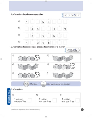 [ Unidad 1: Libro de ejercitación personal Matemática 1° básico ] 13
	3	4			7		9
	 2		 4		 6	7
1		 3	4	5
1			 4	5	
	 2	3	4			7	8	9
	 5		 7	8 	 	 3		 5	6
		 5	6	7	 	 6		 8	
Ejemplo
5	 6	 7	 8	 9
a) b)
c) d)
e) f)
Ejemplo
	 3	 4	 5	 6	
	 1 unidad
	 más que 6 es
	 1 unidad
	 más que 1 es
1. Completa las cintas numeradas.
2. Completa las secuencias ordenadas de menor a mayor.
3. Completa.
Desafíofinal
Muy bien Hay que reforzar y/o ejercitar
a)
b)
c)
d)
a) b) c)
	 1 unidad
	 más que 3 es
 