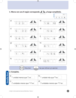 [ Unidad 1: Libro de ejercitación personal Matemática 1° básico ] 15
Ejemplo
5	6	7	 8
+1 o	 -1
a)	b)
c)	d)
e)	f)
g)	h)
i)	j)
k)	l)
1. Marca con una X según corresponda
+1	 o	 -1
y luego complétala.
2. Completa.
	 1 unidad menos que 5 es 	 1 unidad más que 9 es
	
	2 unidades menos que 10 es 	 3 unidades menos que 10 es	
1	2	3
5		 3	2
5	6	7
9		 7	6
7		9
		 2	1
7	8		10
	 5	6
3	4		 6
8	7	
	 4	 5	6
10	9
Desafíofinal
Muy bien Hay que reforzar y/o ejercitar
a) b)
c) d)
+1	 o	 -1 +1	 o	 -1
+1	 o	 -1 +1	 o	 -1
+1	 o	 -1 +1	 o	 -1
+1	 o	 -1 +1	 o	 -1
+1	 o	 -1 +1	 o	 -1
+1	 o	 -1 +1	 o	 -1
 