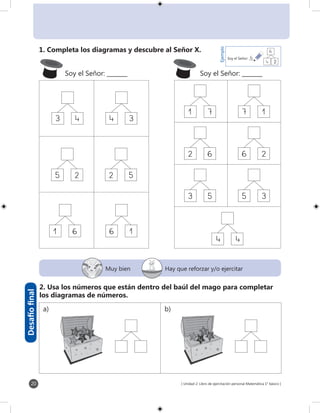 [ Unidad 2: Libro de ejercitación personal Matemática 1° básico ]20
43 4 3
25 2 5
61 6 1
Soy el Señor: _______
71 7 1
62 6 2
53 5 3
44
Soy el Señor: _______
Ejemplo
4	 2
6Soy el Señor: ____
6
3
5
6 7
8
1
4
63
Desafíofinal
Muy bien Hay que reforzar y/o ejercitar
1. Completa los diagramas y descubre al Señor X.
2. Usa los números que están dentro del baúl del mago para completar
los diagramas de números.
a) b)
 
