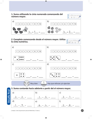 [ Unidad 1: Libro de ejercitación personal Matemática 1° básico ] 27
1 2 3 4 5 6 7 8 9 10
_____+ _____ = __________+ _____ = _____
1 2 3 4 5 6 7 8 9 10
1 2 3 4 5 6 7 8 9 101 2 3 4 5 6 7 8 9 10
_____+ _____ = _____14 _____+ _____ = _____34
1 2 3 4 5 6 7 8 9 10
_____+ _____ = __________+ _____ = _____
1 2 3 4 5 6 7 8 9 10
23_______ + _______ = _______
_______ + _______ = _______
51_______ + _______ = _______
_______ + _______ = _______
_______ + _______ = _______
_______ + _______ = _______
73
91 46 82
1. Suma utilizando la cinta numerada comenzando del
número mayor.
3. Suma contando hacia adelante a partir del el número mayor.
Desafíofinal
2. Completa comenzando desde el número mayor. Utiliza
la cinta numérica.
Muy bien Hay que reforzar y/o ejercitar
a) b)
a) b)
c) d)
1 2 3 4 5 6 7 8 9 10
_____+ _____ = _______12
Ejemplo
a)
d)
b)
e)
c)
f)
_____+ _____ = _______25
Ejemplo
1 2 3 4 5 6 7 8 9 10
7
 