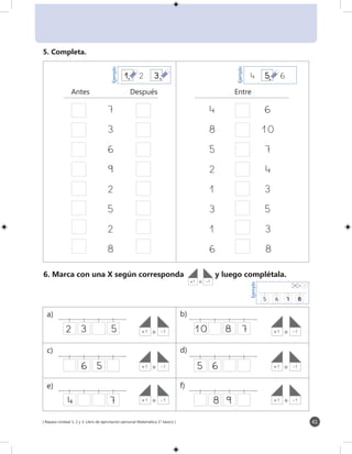 [ Repaso Unidad 1, 2 y 3: Libro de ejercitación personal Matemática 1° básico ] 41
4	6
8	10
5	7	
2 4
1	3
3	5
1 3
6 8Ejemplo
5	6	7	 8
+1 o	 -1
6. Marca con una X según corresponda
+1	 o	 -1
y luego complétala.
2	 3	 5
	 6	 5	
4 7
10 	8	 7
	 5	6
8 9
a) b)
c) d)
e) f)
7
3
6
9
2
5
2
8
Antes	Después
4	 5	6
Ejemplo
1	2	3
Ejemplo
5. Completa.
Entre
+1	 o	 -1 +1	 o	 -1
+1	 o	 -1 +1	 o	 -1
+1	 o	 -1 +1	 o	 -1
 