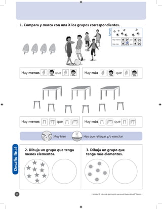 [ Unidad 1: Libro de ejercitación personal Matemática 1° básico ]8
Ejemplo
Hay menos	 que
	
Hay más	 que
1. Compara y marca con una X los grupos correspondientes.
2. Dibuja un grupo que tenga
menos elementos.
3. Dibuja un grupo que
tenga más elementos.
Desafíofinal
Muy bien Hay que reforzar y/o ejercitar
Hay menos	que
Hay menos	que
Hay más	que
Hay más	que
 