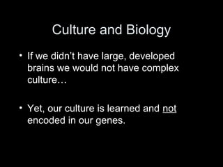 Culture and Biology
• If we didn’t have large, developed
brains we would not have complex
culture…
• Yet, our culture is learned and not
encoded in our genes.
 