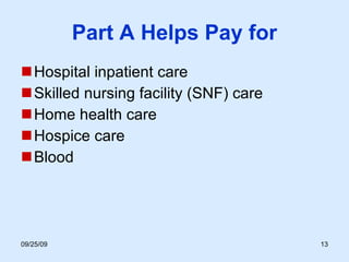 Part A Helps Pay for Hospital inpatient care Skilled nursing facility (SNF) care Home health care Hospice care Blood 