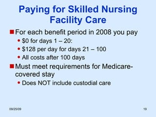 Paying for Skilled Nursing Facility Care For each benefit period in 2008 you pay $0 for days 1 – 20:  $128 per day for days 21 – 100 All costs after 100 days Must meet requirements for Medicare-covered stay Does NOT include custodial care 