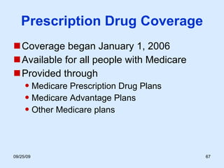 Prescription Drug Coverage Coverage began January 1, 2006 Available for all people with Medicare  Provided through Medicare Prescription Drug Plans Medicare Advantage Plans Other Medicare plans 