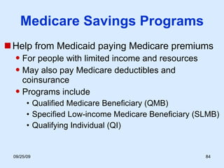 Medicare Savings Programs Help from Medicaid paying Medicare premiums For people with limited income and resources May also pay Medicare deductibles and coinsurance Programs include Qualified Medicare Beneficiary (QMB) Specified Low-income Medicare Beneficiary (SLMB) Qualifying Individual (QI) 
