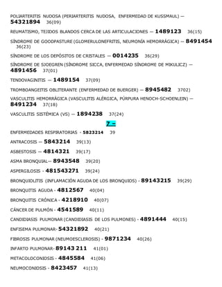 POLIARTERITIS NUDOSA (PERIARTERITIS NUDOSA, ENFERMEDAD DE KUSSMAUL) —
54321894 36(09)
REUMATISMO, TEJIDOS BLANDOS CERCA DE LAS ARTICULACIONES — 1489123 36(15)
SÍNDROME DE GOODPASTURE (GLOMERULONEFRITIS, NEUMONÍA HEMORRÁGICA) — 8491454
36(23)
SÍNDROME DE LOS DEPÓSITOS DE CRISTALES — 0014235 36(29)
SÍNDROME DE SJOEGREN (SÍNDROME SICCA, ENFERMEDAD SÍNDROME DE MIKULICZ) —
4891456 37(01)
TENDOVAGINITIS — 1489154 37(09)
TROMBOANGEITIS OBLITERANTE (ENFERMEDAD DE BUERGER) — 8945482 3702)
VASCULITIS HEMORRÁGICA (VASCULITIS ALÉRGICA, PÚRPURA HENOCH-SCHOENLEIN) —
8491234 37(18)
VASCULITIS SISTÉMICA (VS) — 1894238 37(24)
7 –
ENFERMEDADES RESPIRATORIAS - 5823214 39
ANTRACOSIS — 5843214 39(13)
ASBESTOSIS — 4814321 39(17)
ASMA BRONQUIAL— 8943548 39(20)
ASPERGILOSIS - 481543271 39(24)
BRONQUIOLITIS (INFLAMACIÓN AGUDA DE LOS BRONQUIOS) - 89143215 39(29)
BRONQUITIS AGUDA - 4812567 40(04)
BRONQUITIS CRÓNICA - 4218910 40(07)
CÁNCER DE PULMÓN - 4541589 40(11)
CANDIDIASIS PULMONAR (CANDIDIASIS DE LOS PULMONES) - 4891444 40(15)
ENFISEMA PULMONAR- 54321892 40(21)
FIBROSIS PULMONAR (NEUMOESCLEROSIS) - 9871234 40(26)
INFARTO PULMONAR- 89143 211 41(01)
METACOLOCONIOSIS - 4845584 41(06)
NEUMOCONIOSIS - 8423457 41(13)
 