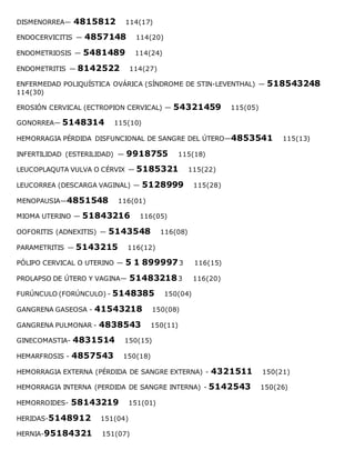 DISMENORREA— 4815812 114(17)
ENDOCERVICITIS — 4857148 114(20)
ENDOMETRIOSIS — 5481489 114(24)
ENDOMETRITIS — 8142522 114(27)
ENFERMEDAD POLIQUÍSTICA OVÁRICA (SÍNDROME DE STIN-LEVENTHAL) — 518543248
114(30)
EROSIÓN CERVICAL (ECTROPION CERVICAL) — 54321459 115(05)
GONORREA— 5148314 115(10)
HEMORRAGIA PÉRDIDA DISFUNCIONAL DE SANGRE DEL ÚTERO—4853541 115(13)
INFERTILIDAD (ESTERILIDAD) — 9918755 115(18)
LEUCOPLAQUTA VULVA O CÉRVIX — 5185321 115(22)
LEUCORREA (DESCARGA VAGINAL) — 5128999 115(28)
MENOPAUSIA—4851548 116(01)
MIOMA UTERINO — 51843216 116(05)
OOFORITIS (ADNEXITIS) — 5143548 116(08)
PARAMETRITIS — 5143215 116(12)
PÓLIPO CERVICAL O UTERINO — 5 1 8999973 116(15)
PROLAPSO DE ÚTERO Y VAGINA— 514832183 116(20)
FURÚNCULO (FORÚNCULO) - 5148385 150(04)
GANGRENA GASEOSA - 41543218 150(08)
GANGRENA PULMONAR - 4838543 150(11)
GINECOMASTIA- 4831514 150(15)
HEMARFROSIS - 4857543 150(18)
HEMORRAGIA EXTERNA (PÉRDIDA DE SANGRE EXTERNA) - 4321511 150(21)
HEMORRAGIA INTERNA (PERDIDA DE SANGRE INTERNA) - 5142543 150(26)
HEMORROIDES- 58143219 151(01)
HERIDAS-5148912 151(04)
HERNIA-95184321 151(07)
 