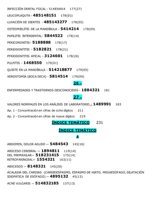 INFECCIÓN DENTAL FOCAL - 514854814 177(27)
LEUCOPLAQUTA - 485148151 178(01)
LUXACIÓN DE DIENTES - 485143277 178(05)
OSTEOMIELITIS DE LA MANDÍBULA - 5414214 178(09)
PAPILITIS INTERDENTAL- 5844522 178(14)
PERICORONITIS- 5188888 178(17)
PERIODONTITIS - 5182821 178(21)
PFRIODONTITIS APICAL - 3124601 178(26)
PULPITIS - 1468550 179(01)
QUISTE EN LA MANDÍBULA - 514218877 179(05)
XEROSTOMÍA (BOCA SECA) - 5814514 179(09)
26 –
ENFERMEDADES Y TRASTORNOS DESCONOCIDOS - 1884321 181
27 –
VALORES NORMALES EN LOS ANÁLISIS DE LABORATORIO - 1489991 183
Ap. 1 - Concentración en cifras de ocho dígitos 211
Ap. 2 - Concentración en cifras de nueve dígitos 219
ÍNDICE TEMÁTICO 231
ÍNDICE TEMÁTICO
A
ABDOMEN, DOLOR AGUDO — 5484543 145(16)
ABSCESO CEREBRAL — 1894811 119(14)
DEL PREMAXILAR— 518231415 175(14)
RETROFARINGEAL— 1554321 163(11)
ABSCESOS — 8148321 145(20)
ACALASIA DEL CARDIAS (CARDIOESPASMO, ESPASMO DE HIATO, MEGAESÓFAGO, DILATACIÓN
IDIOPÁTICA DE ESÓFAGO) — 4895132 45(13)
ACNE VULGARIS — 514832185 137(13)
 