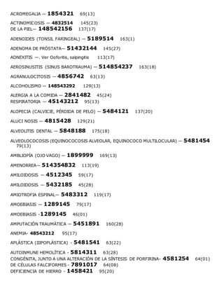 ACROMEGALIA — 1854321 69(13)
ACTINOMICOSIS — 4832514 145(23)
DE LA PIEL— 148542156 137(17)
ADENOIDES (TONSIL FARINGEAL) — 5189514 163(1)
ADENOMA DE PRÓSTATA— 51432144 145(27)
ADNEXITIS —. Ver Ooforitis, salpingitis 113(17)
AEROSINUSITIS (SINUS BAROTRAUMA) — 514854237 163(18)
AGRANULOCITOSIS — 4856742 63(13)
ALCOHOLISMO — 148543292 129(13)
ALERGIA A LA COMIDA — 2841482 45(24)
RESPIRATORIA — 45143212 95(13)
ALOPECIA (CALVICIE, PÉRDIDA DE PELO) — 5484121 137(20)
ALUCI NOSIS — 4815428 129(21)
ALVEOLITIS DENTAL — 5848188 175(18)
ALVEOLOCOCOSIS (EQUINOCOCOSIS ALVEOLAR, EQUINOCOCO MULTILOCULAR) — 5481454
79(13)
AMBLIOPÍA (OJO VAGO) — 1899999 169(13)
AMENORREA— 514354832 113(19)
AMILOIDOSIS — 4512345 59(17)
AMILOIDOSIS — 5432185 45(28)
AMIOTROFIA ESPINAL— 5483312 119(17)
AMOEBIASIS — 1289145 79(17)
AMOEBIASIS -1289145 46(01)
AMPUTACIÓN TRAUMÁTICA — 5451891 160(28)
ANEMIA- 48543212 95(17)
APLÁSTICA (IIIPOPLÁSTICA) - 5481541 63(22)
AUTOINMUNE HEMOLÍTICA - 5814311 63(28)
CONGÉNITA, JUNTO A UNA ALTERACIÓN DE LA SÍNTESIS DE PORFIRINA- 4581254 64(01)
DE CÉLULAS FALCIFORMES - 7891017 64(08)
DEFICIENCIA DE HIERRO - 1458421 95(20)
 