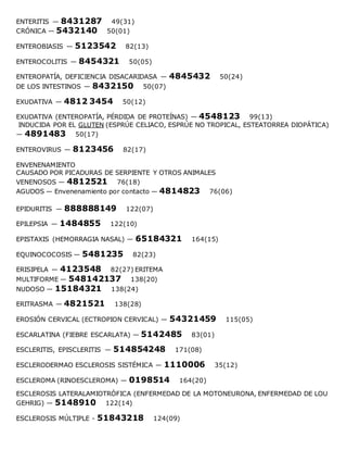 ENTERITIS — 8431287 49(31)
CRÓNICA — 5432140 50(01)
ENTEROBIASIS — 5123542 82(13)
ENTEROCOLITIS — 8454321 50(05)
ENTEROPATÍA, DEFICIENCIA DISACARIDASA — 4845432 50(24)
DE LOS INTESTINOS — 8432150 50(07)
EXUDATIVA — 4812 3454 50(12)
EXUDATIVA (ENTEROPATÍA, PÉRDIDA DE PROTEÍNAS) — 4548123 99(13)
INDUCIDA POR EL GLUTEN (ESPRÚE CELIACO, ESPRÚE NO TROPICAL, ESTEATORREA DIOPÁTICA)
— 4891483 50(17)
ENTEROVIRUS — 8123456 82(17)
ENVENENAMIENTO
CAUSADO POR PICADURAS DE SERPIENTE Y OTROS ANIMALES
VENENOSOS — 4812521 76(18)
AGUDOS — Envenenamiento por contacto — 4814823 76(06)
EPIDURITIS — 888888149 122(07)
EPILEPSIA — 1484855 122(10)
EPISTAXIS (HEMORRAGIA NASAL) — 65184321 164(15)
EQUINOCOCOSIS — 5481235 82(23)
ERISIPELA — 4123548 82(27) ERITEMA
MULTIFORME — 548142137 138(20)
NUDOSO — 15184321 138(24)
ERITRASMA — 4821521 138(28)
EROSIÓN CERVICAL (ECTROPION CERVICAL) — 54321459 115(05)
ESCARLATINA (FIEBRE ESCARLATA) — 5142485 83(01)
ESCLERITIS, EPISCLERITIS — 514854248 171(08)
ESCLERODERMAO ESCLEROSIS SISTÉMICA — 1110006 35(12)
ESCLEROMA (RINOESCLEROMA) — 0198514 164(20)
ESCLEROSIS LATERALAMIOTRÓFICA (ENFERMEDAD DE LA MOTONEURONA, ENFERMEDAD DE LOU
GEHRIG) — 5148910 122(14)
ESCLEROSIS MÚLTIPLE - 51843218 124(09)
 